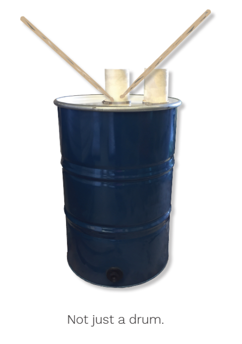 Image of a blue 200-litre CADSORB drum with two top-mounted pipes, featuring the caption 'Not just a drum.'